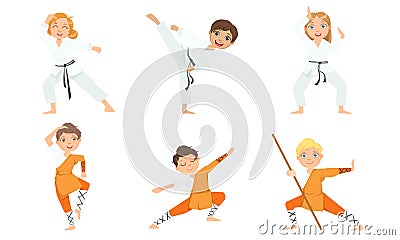 Cute Boy and Girls Doing Karate and Jiu Jitsu in White and Orange Kimono, Children Practicing Martial Arts Vector Vector Illustration