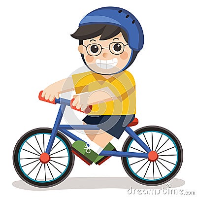 A Cute Boy with glasses. He riding a bicycle. Vector Illustration