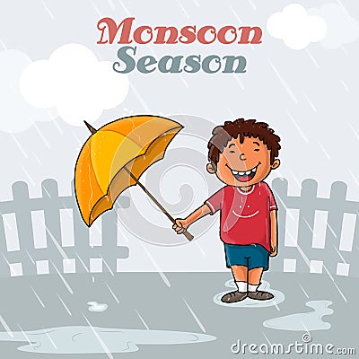 Cute boy for Happy Monsoon Season. Stock Photo