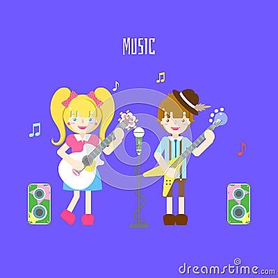 Cute boy holding bass and girl with guitar,microphone,speaker and music note concert music festival in blue background Vector Illustration