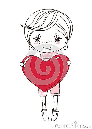 Cute boy is holding a big red heart. Doodle illustration for wedding, Valentine s Day. Children s card, sketch, linear hand Cartoon Illustration