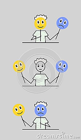 my mood today, cute guy holding a happy face mask and unhappy face mask, emoji, mood masks sketch, doodle vector Vector Illustration