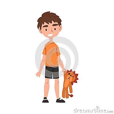 Cute Boy Holding Plush Lion, Adorable Kid Playing with Favorite Toy Cartoon Vector Illustration on White Background Vector Illustration