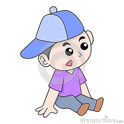 Cute boy kid sitting thinking, doodle icon image kawaii Vector Illustration