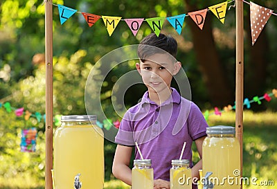 Cute boy at lemonade stand in park. Summer refreshing natural Stock Photo