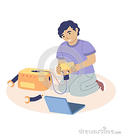 Cute boy making robot, studying robotics, flat vector illustration. Kids robotics engineering, robot school for children Vector Illustration