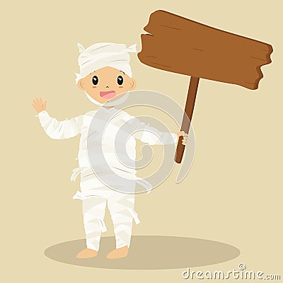 Cute Mummy Holding a Wooden Sign, Halloween Cartoon Vector Vector Illustration