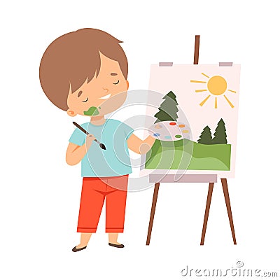 Cute Boy Painting Picture on Easel, Kids Hobby or Creative Activity Cartoon Vector Illustration Vector Illustration