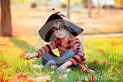 Cute boy in the park with halloween costume, hat and glasses Stock Photo