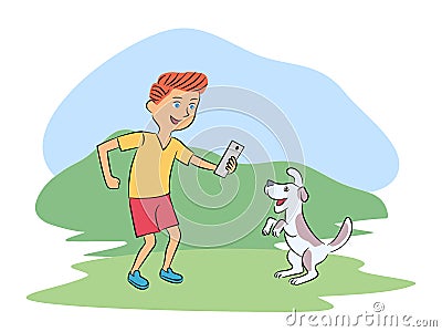 Cute boy photographing dog pet in park cartoon Vector Illustration