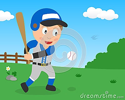 Cute Boy Playing Baseball in the Park Vector Illustration