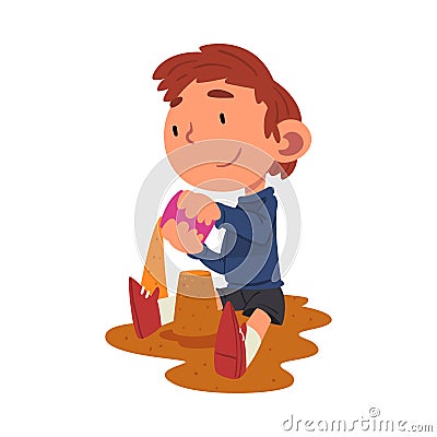 Cute Boy Playing in Sandpit on Playground, Preschool Kid Daily Routine Activity Cartoon Vector Illustration Vector Illustration