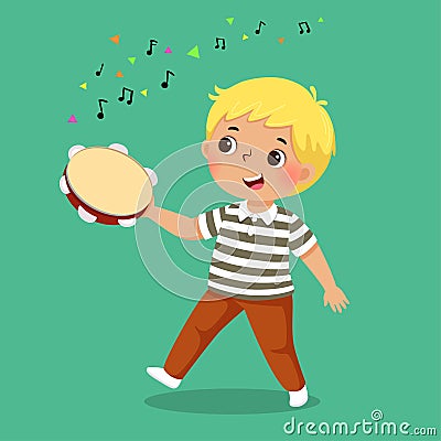 Cute boy playing tambourine on green background Vector Illustration