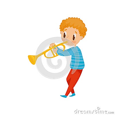 Cute boy playing trumpet, little musician character with musical instrument cartoon vector Illustration on a white Vector Illustration