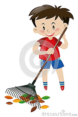 Cute boy raking dried leaves Cartoon Illustration