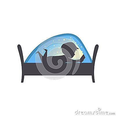 Cute boy reading a book at nigh, child reading a book in bed under a blanket vector Illustration on a white background Vector Illustration