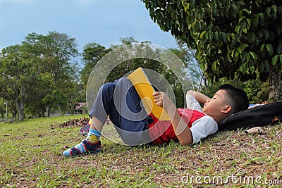 A cute boy relaxing on a park reading a book Stock Photo