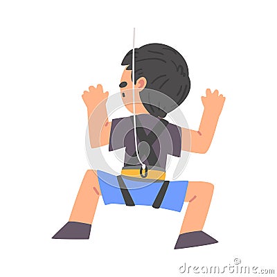 Cute Boy Rock Climber Character, Back View of Kid Wearing Shorts and T-shirt Climbing Wall on Ropes, Boy Doing Sports or Vector Illustration