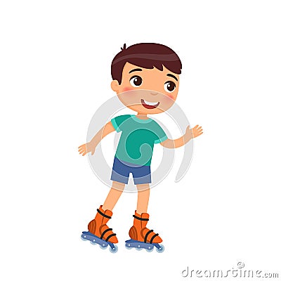 Cute boy roller skating flat vector illustration. Vector Illustration