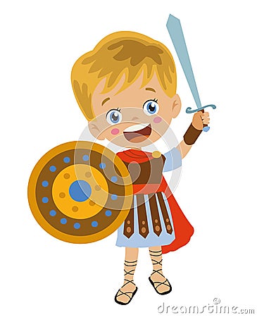 Cute boy in roman military costume Vector Illustration