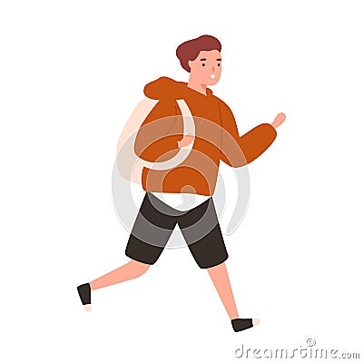 Cute boy running to school. Portrait of teenage schoolboy in hurry with backpack. Flat vector cartoon illustration of Vector Illustration