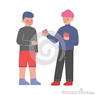 Cute Boy Sharing Apples with His Friend, Polite and Kind Kids, Good Manners Concept Vector Illustration Vector Illustration