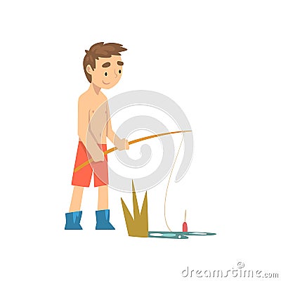 Cute Boy in Shorts and Rubber Boots Fishing with Fishing Rod, Little Fisherman Cartoon Character Vector Illustration Vector Illustration