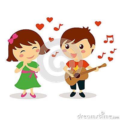 Cute boy singing a love song to beautiful smiling girl Stock Photo