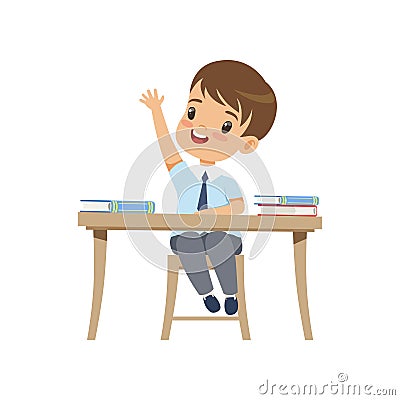 Cute boy sitting at the desk and rising his hand, elementary school student in uniform vector Illustration on a white Vector Illustration