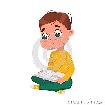 Cute Boy Sitting on Floor with Crossed Legs and Reading Book, Preschooler Kid or Elementary School Student Enjoying Vector Illustration