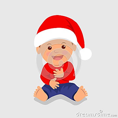 Cute boy sitting in the red Santa hat and laughs. Vector Illustration