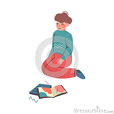 Cute Boy Sitting with Sketchbook, Children Creative Hobby and Education Cartoon Vector Illustration Vector Illustration