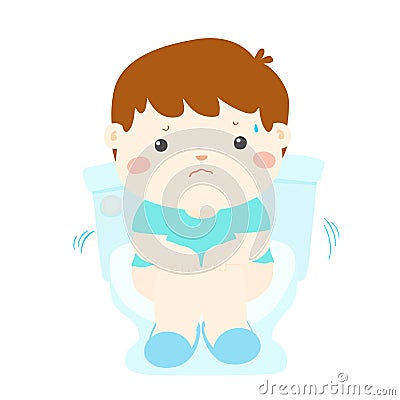 Cute boy sitting toilet seat with diarrhea cartoon . Vector Illustration