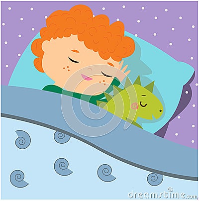 Cute boy sleeping with dino toy. Cartoon kid in bed having sweet dreams. Baby bedtime Vector Illustration