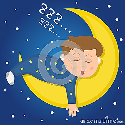 Cute Boy Sleeping on the Moon Vector Illustration