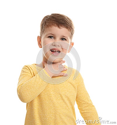 Cute boy suffering from cough on white Stock Photo