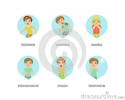 Cute Boy Suffering from Different Symptoms Set, Dizziness, Vomiting, Nausea, Stomach Ache, Cough, Toothache Vector Vector Illustration