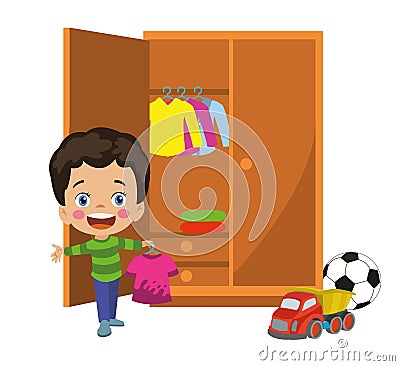 Cute boy tidying his room and tidying his closet wardrobe Vector Illustration