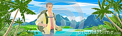Cute boy tourist with a tablet navigator. Backpack. Against the backdrop of a beautiful landscape. Tropical sea Vector Illustration