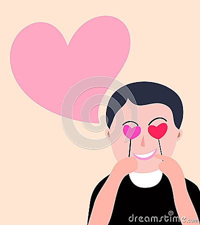 cute boy with two pink heart on his eye Vector Illustration
