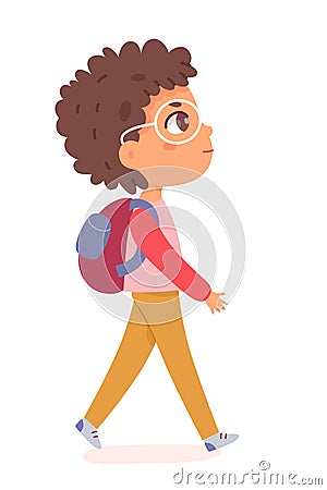 Cute boy walking with backpack to school, little funny schoolboy character in glasses Vector Illustration