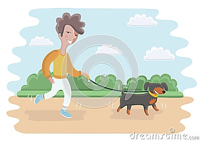 Cute boy walking with dog Vector Illustration