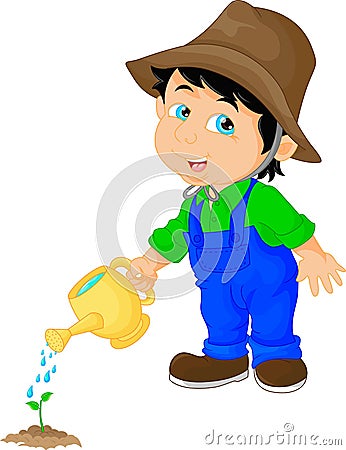 Cute boy watering a plant Vector Illustration