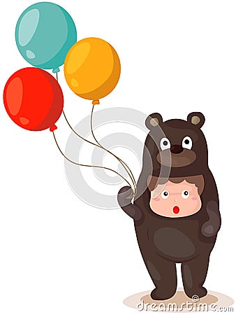 Cute boy wearing bear suite with balloons Vector Illustration