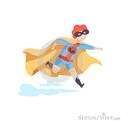 Cute Boy Wearing Superhero Costume Running, Super Child Character in Mask and Golden Cape Vector Illustration Vector Illustration