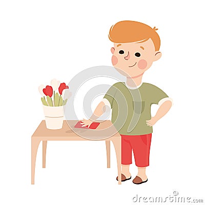 Cute Boy Wiping Dust From Table, Kid Helping his Parents with Housework or Doing Household Chores Cartoon Style Vector Vector Illustration