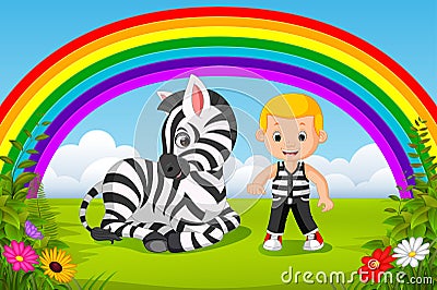 Cute boy and zebra at park with rainbow scene Vector Illustration