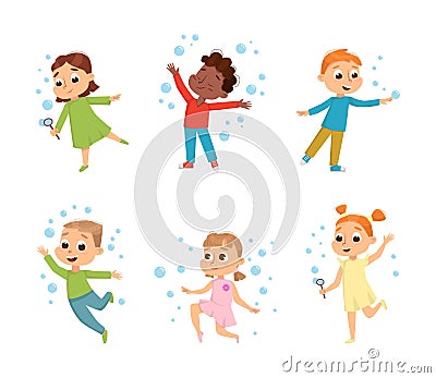 Cute Boys and Girls Blowing Soap Bubbles Having Fun Vector Set Vector Illustration