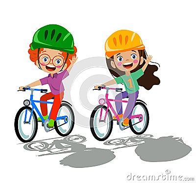 Cute boys and girls riding bikes Vector Illustration