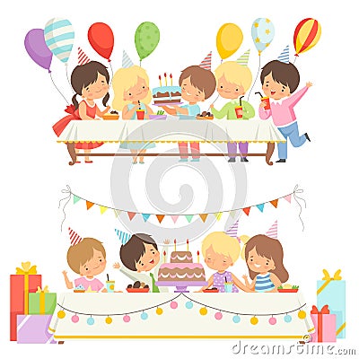 Cute Boys and Girls Sitting at Festive Table with Cake and Balloons Set, Happy Kids at Birthday Party Vector Vector Illustration